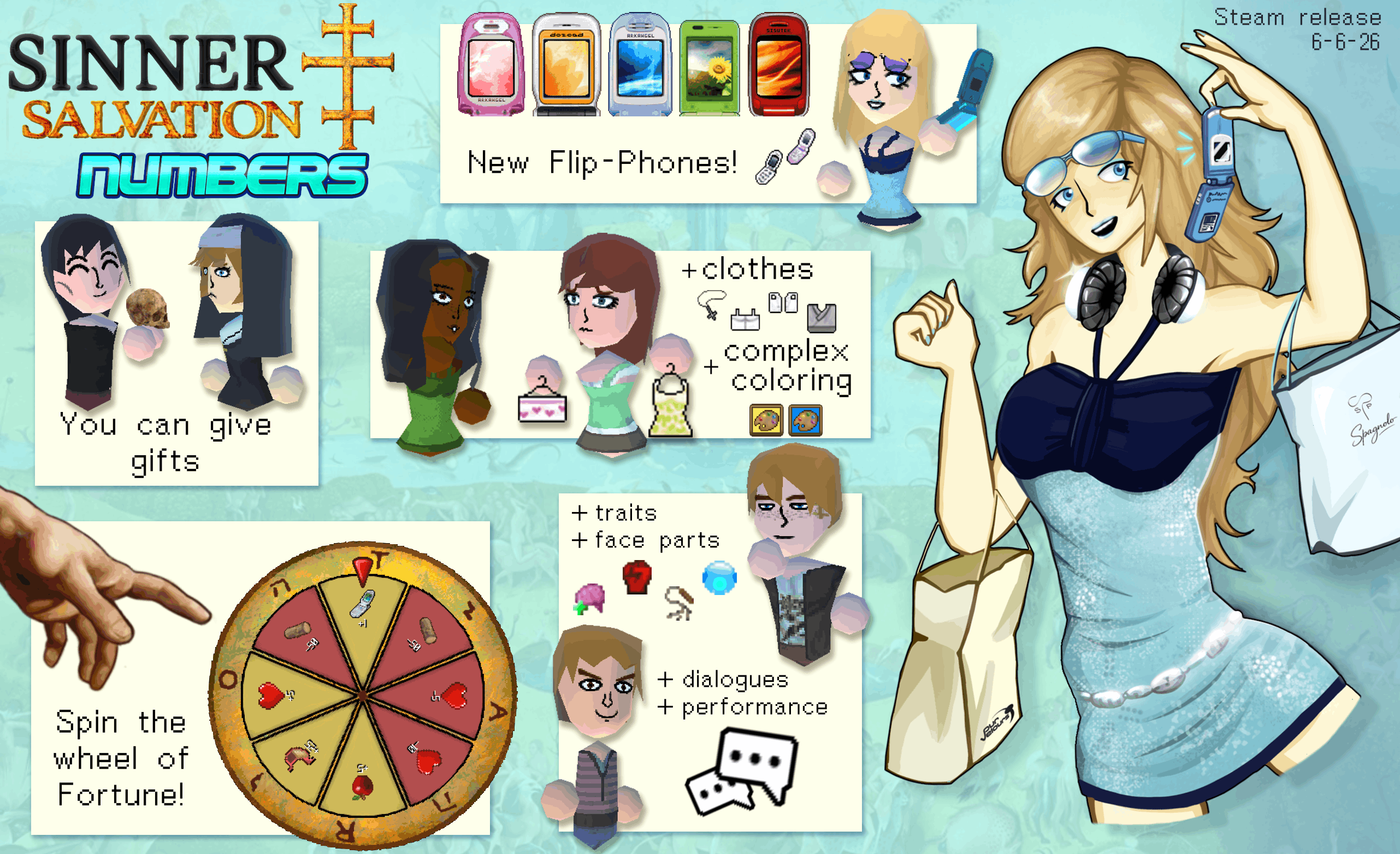 Captura de Sinner Maker mostrando el editor de personajes y menú de personalización.