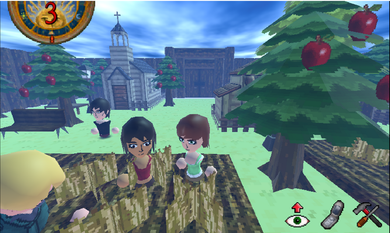Captura de Sinner Maker mostrando escena de la aldea o simulación social.